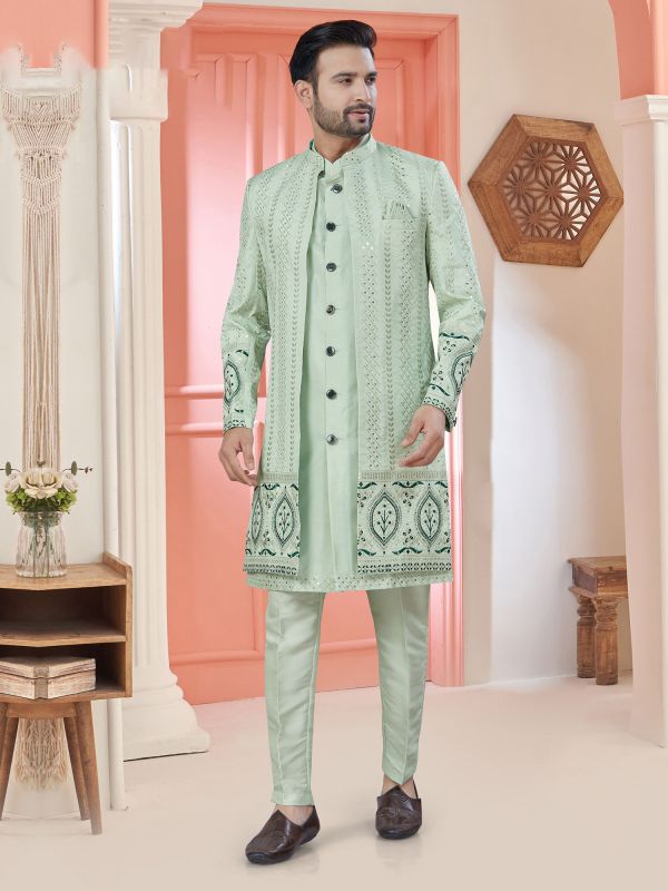 Green Thread Work Indo Western With Open Jacket