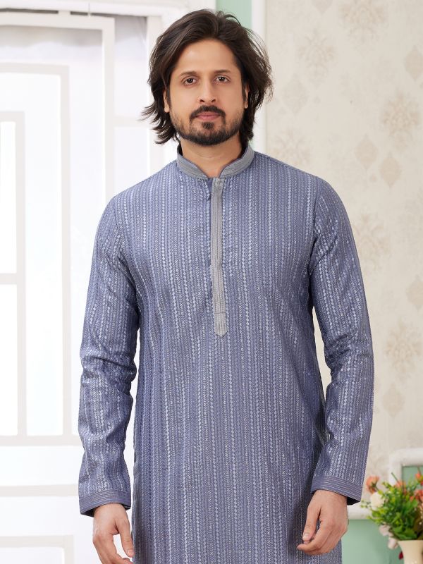 Steel Blue Men's Kurta Set In Thread Embellishment