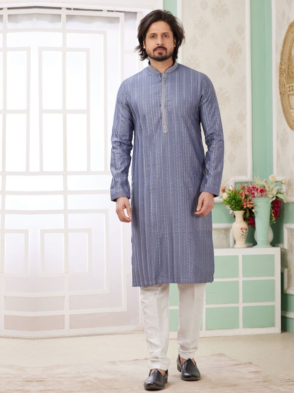 Steel Blue Men's Kurta Set In Thread Embellishment