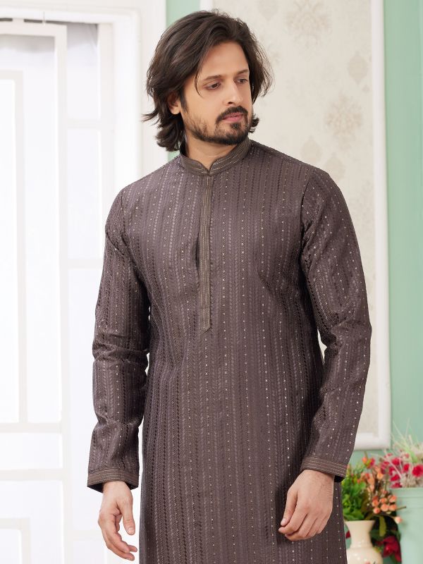 Cedar Brown Sequins Work Kurta Pyjama