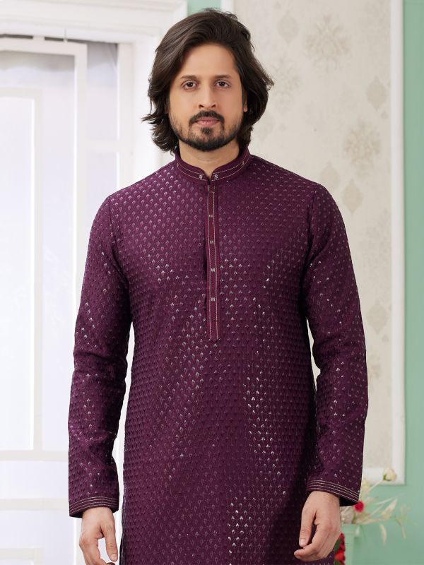 Wine Casual Kurta Set In Silk For Men