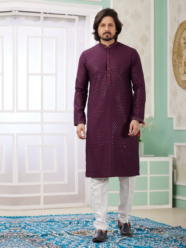 Wine Casual Kurta Set In Silk For Men