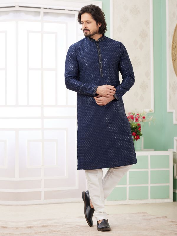 Navy Blue Casual Men's Kurta Set In Silk