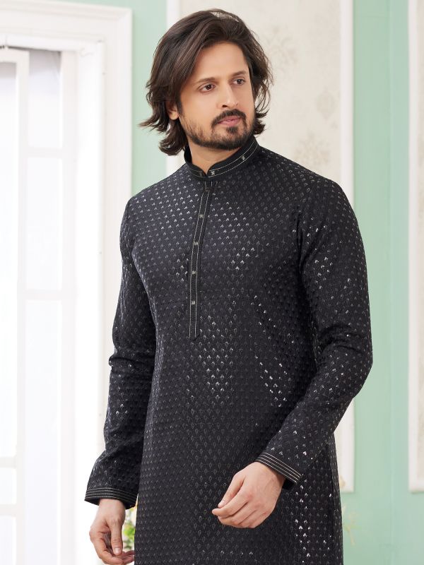 Black Silk Kurta Set In Sequins Embellishment