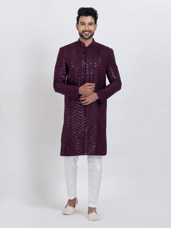 Wine Sequins Work Enhanced Kurta Pyjama