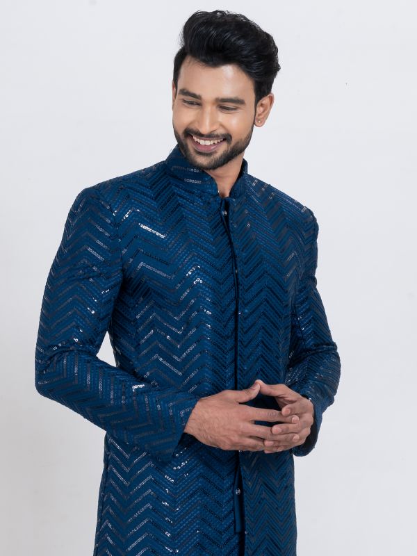 Blue Rayon Kurta Set In Sequins Work