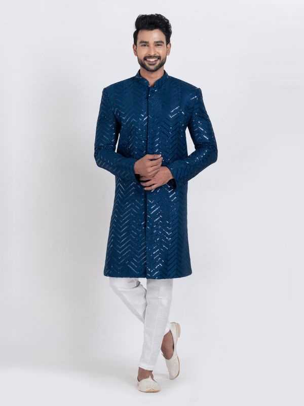 Blue Rayon Kurta Set In Sequins Work