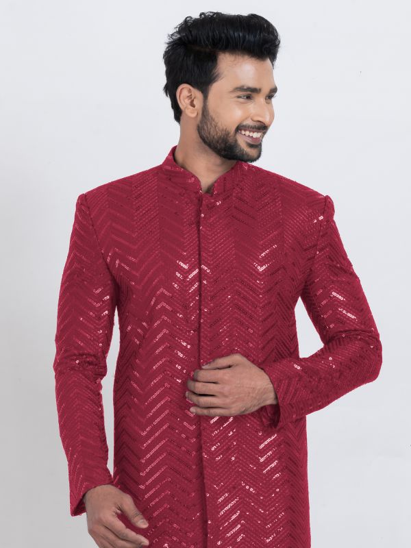 Red Men's Kurta Set With Sequins Embellishment