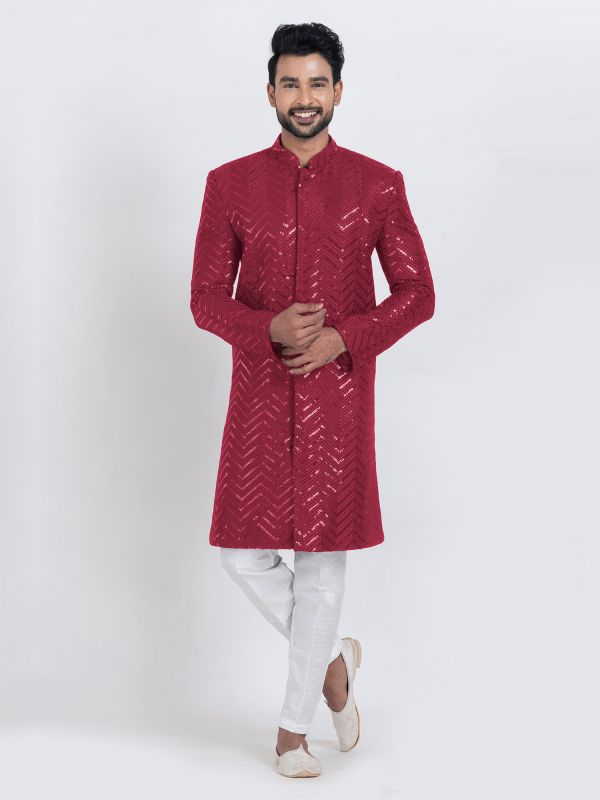 Red Men's Kurta Set With Sequins Embellishment