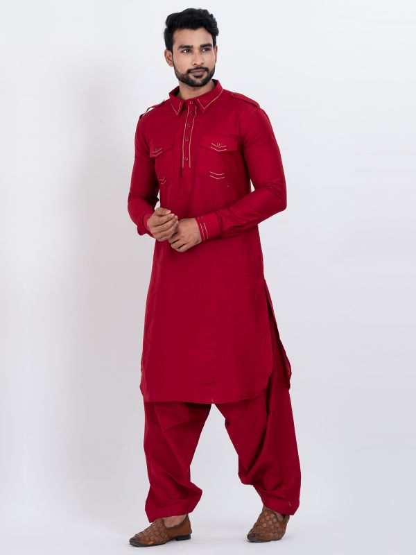 Red Menswear Kurta Set With Pathani Salwar