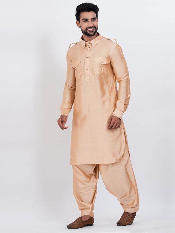 Peach Casual Pathani Kurta Pyjama Set