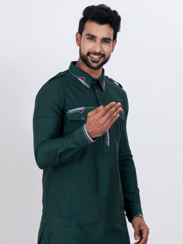 Green Readymade Pathani Kurta Pyjama For Men