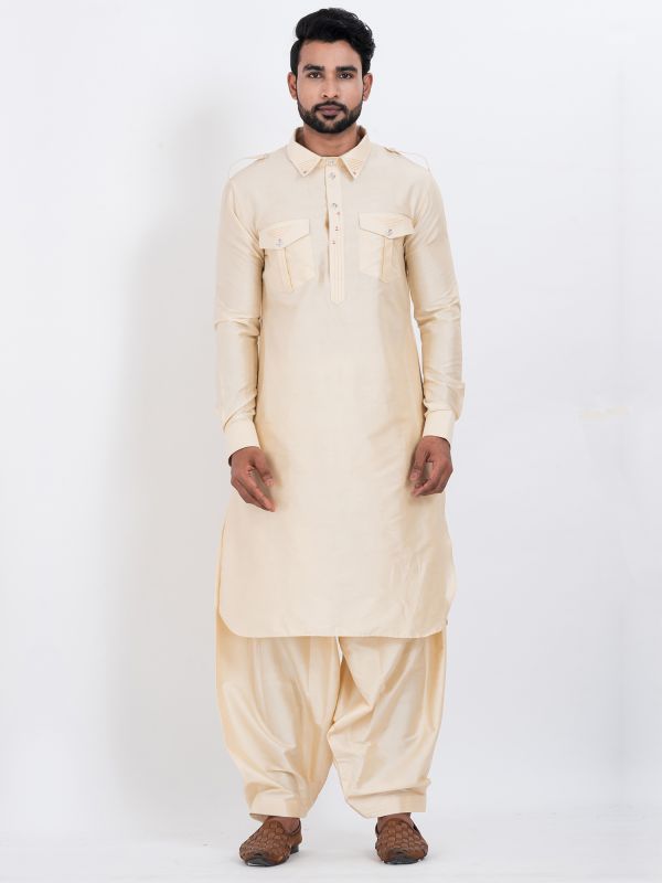 Cream Men's Kurta Set With Pathani Style Salwar