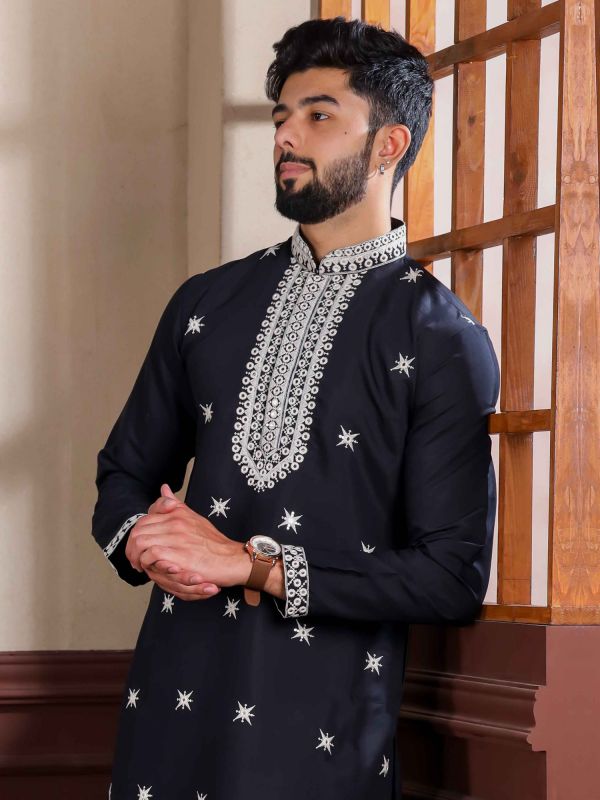 Black Mirror Work Men's Kurta Pyjama In Silk