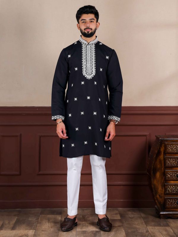 Black Mirror Work Men's Kurta Pyjama In Silk