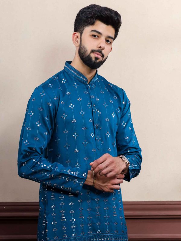 Blue Sequins Work Enhanced Kurta Pyjama