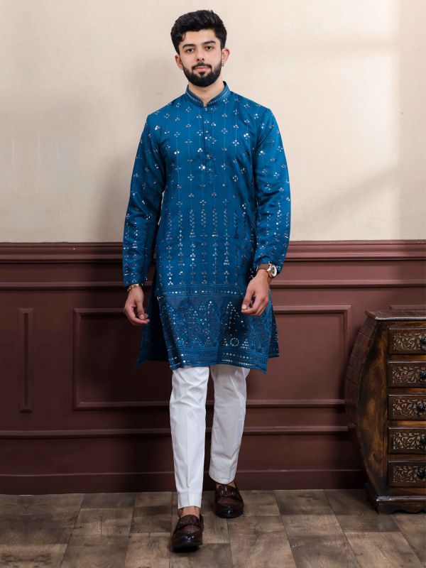 Blue Sequins Work Enhanced Kurta Pyjama