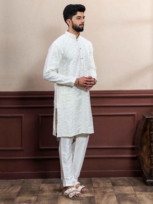 White Embroidered Men's Readymade Kurta Set