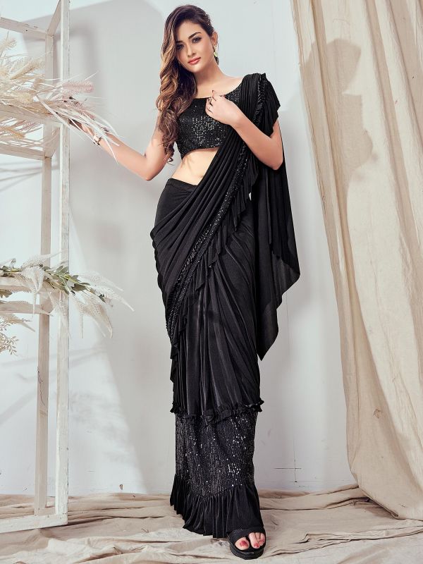 Fog Grey Ready-To-Wear Sequins Saree With Lycra Blouse And Embroidered Belt
