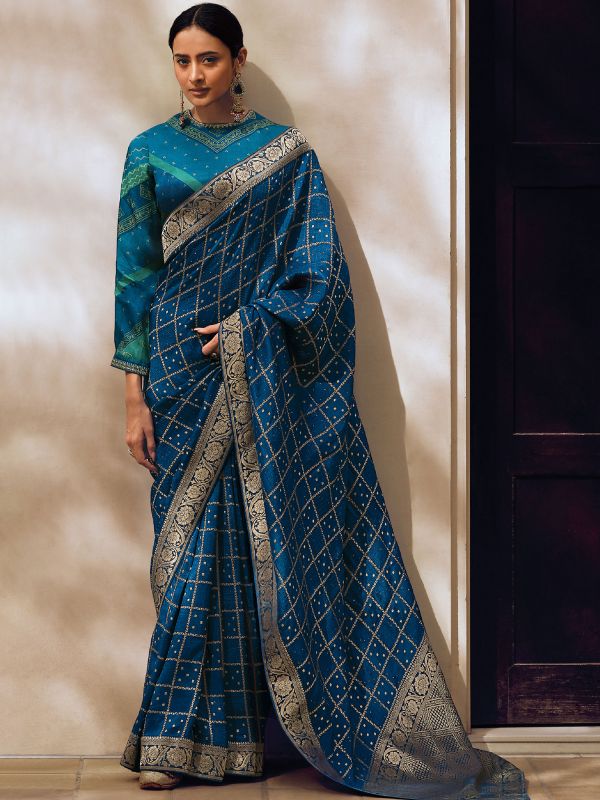 Blue Digital Printed Saree With Blouse In Art Silk