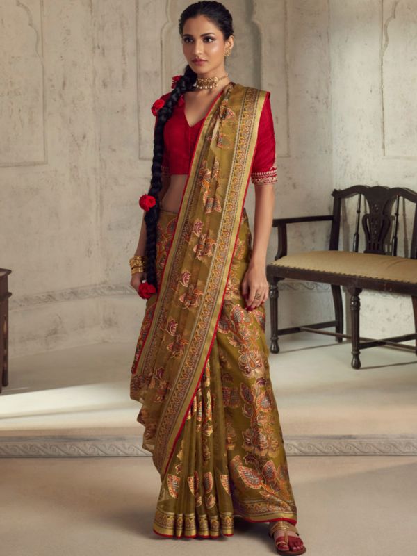 Golden Festive Saree In Brasso With Blouse