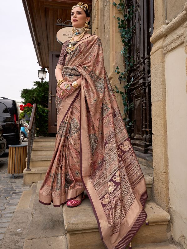 Brown Woven Silk Saree With Blouse