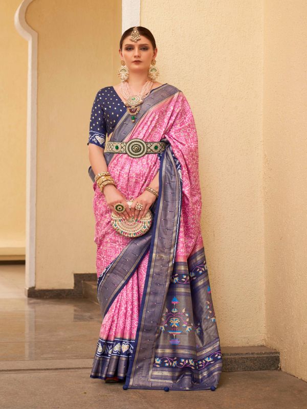 Pink Silk Saree In Traditional Print