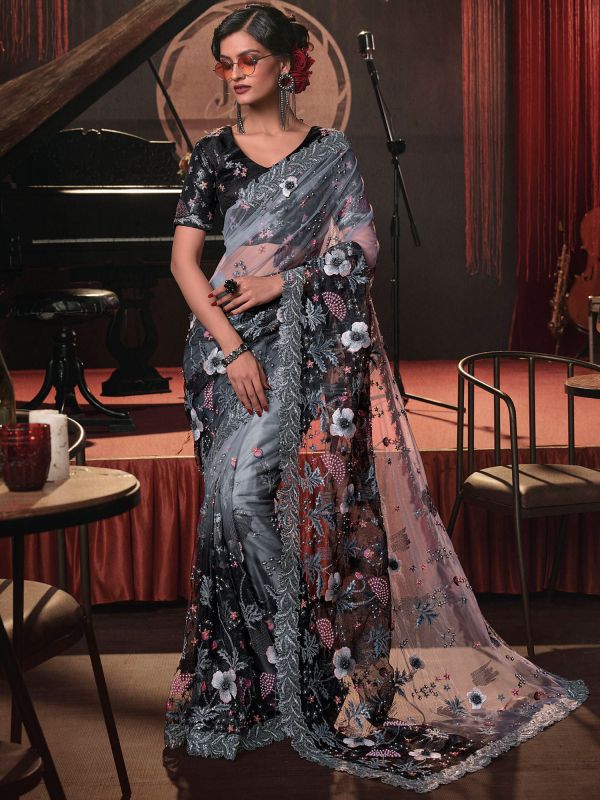 Grey Thread Work Saree In Net With Blouse