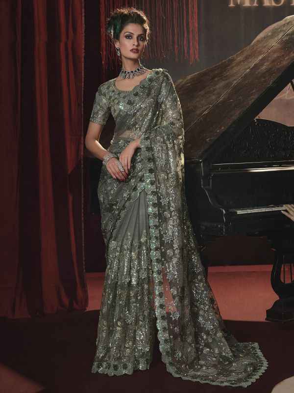 Green Heavy Sequined Embroidered Net Saree