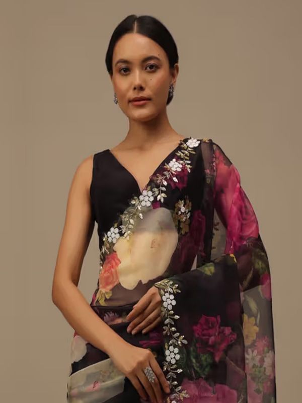 Black Organza Saree In Floral Print