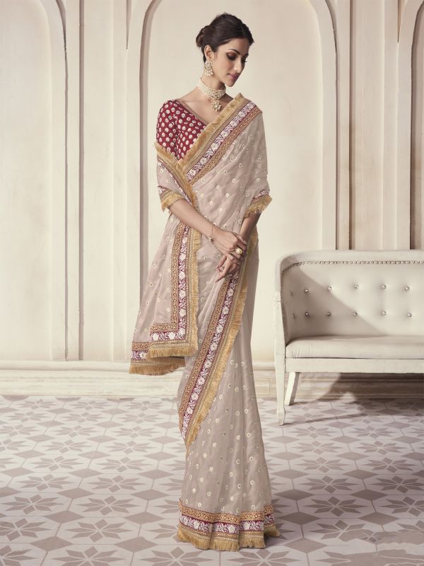 Pastel Beige Saree In Organza With Lace Border