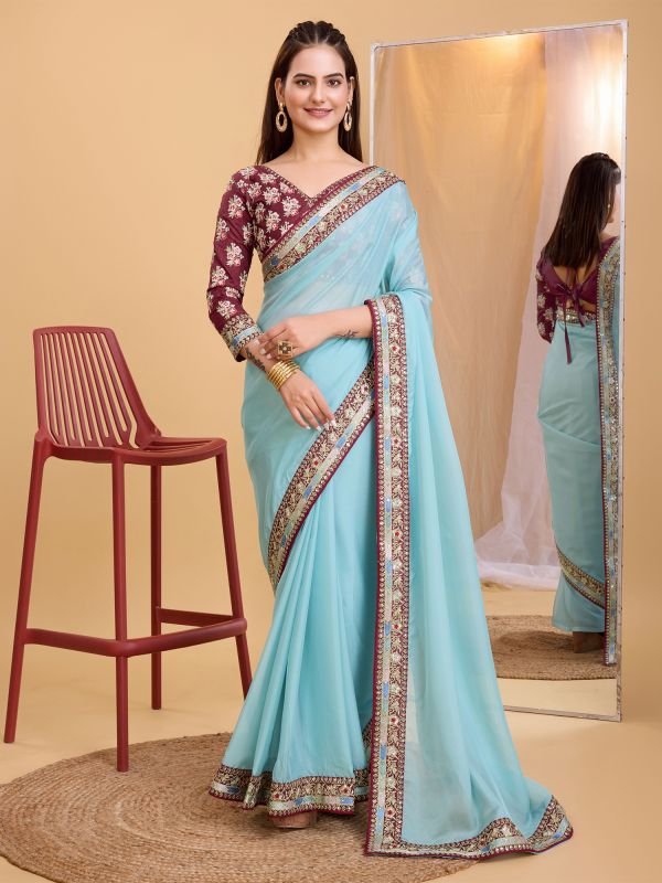 Blue Silk Casual Saree In Sequins Embroidery