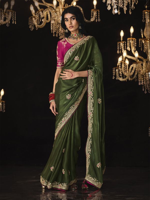 Green Zari Work Enhanced Wedding Saree In Glass Tissue Silk