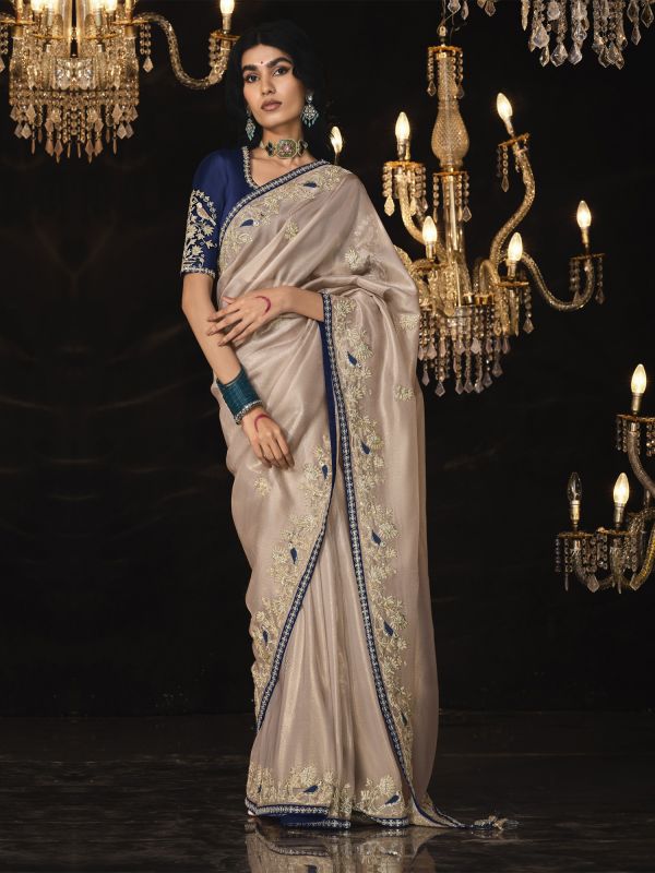 Beige Zari Enhanced Wedding Saree In Shimmer Silk