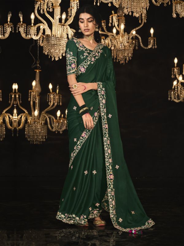 Dark Green Floral Design Embellished Wedding Saree In Silk