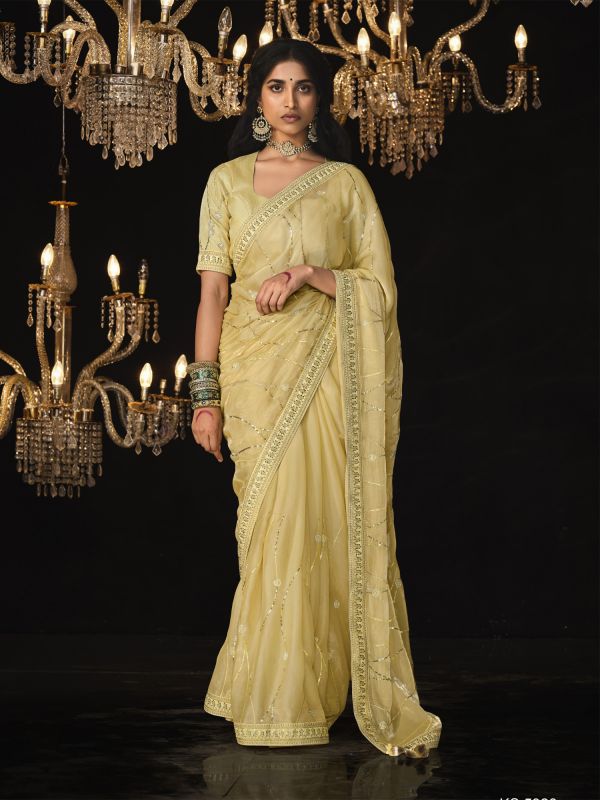 Butter Yellow Stone Embellished Saree In Shimmer Silk