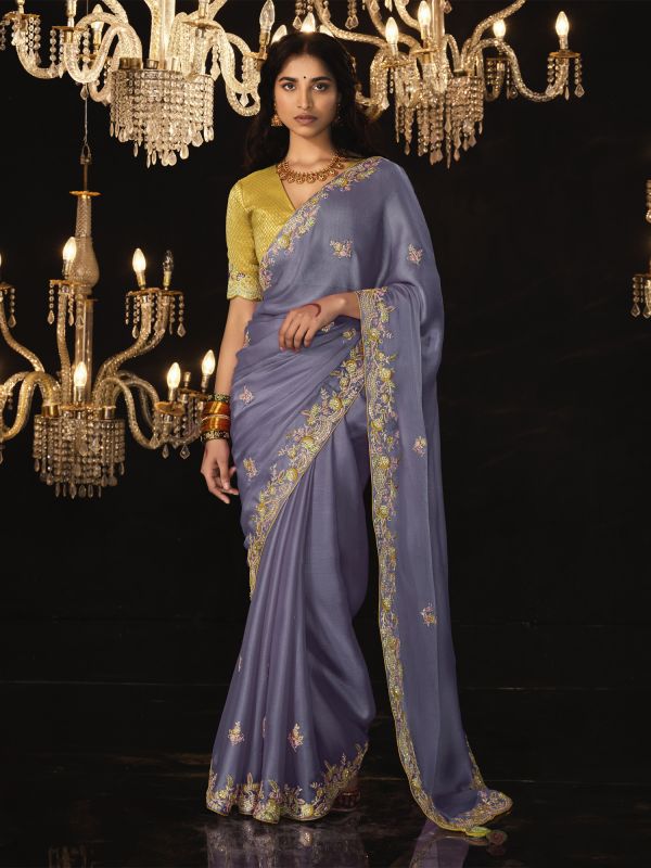 Lavendar Purple Pure Shimmer Silk Saree In Floral Thread Work