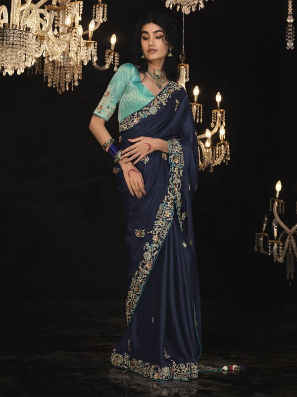 Midnight Blue Zari Work Embellished Saree In Tissue Silk