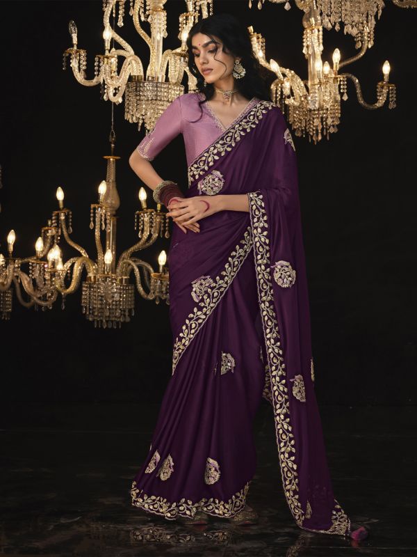 Wine Purple Tissue Silk Saree In Sequins Embroidered
