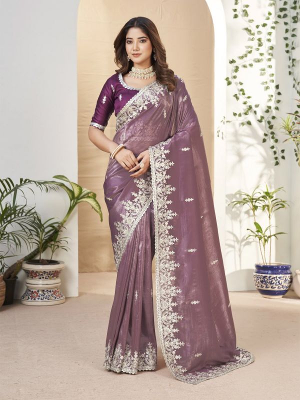 Onion Purple Wedding Zari Embellished Soft Silk Saree
