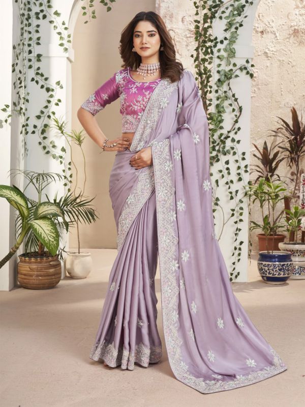 Lilac Purple Stone Augmented Party Wear Saree In Soft Georgette