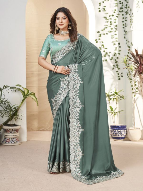 Sage Green Wedding Saree In Floral Thread Embroidery