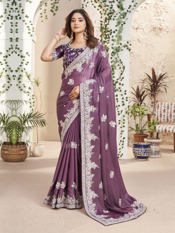 Onion Purple Wedding Saree With Floral Embroidered Borders