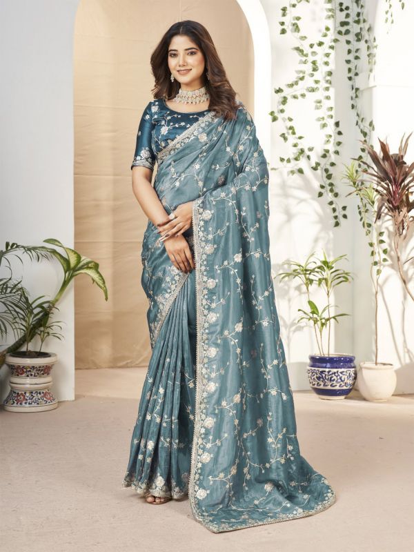 Stone Blue Floral Pattern Zari Embellished Wedding Saree In Silk