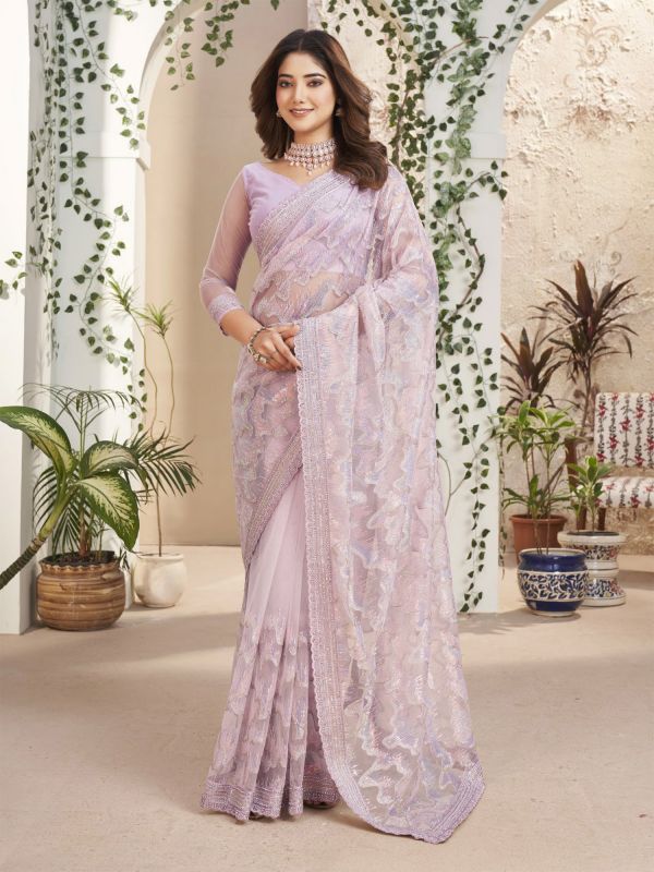 Lilac Purple Heavy Sequins Embellished Saree In Net
