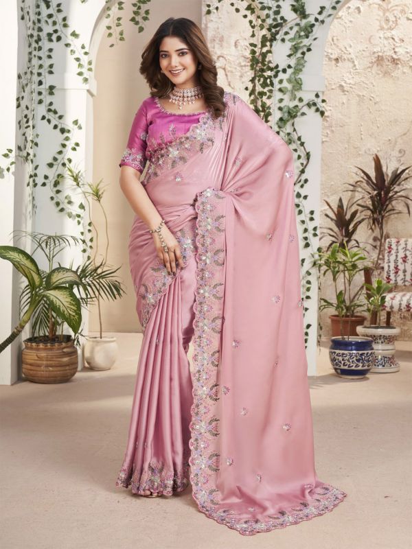 Dusty Pink Sequins Enhanced Party Wear Saree In Soft Silk