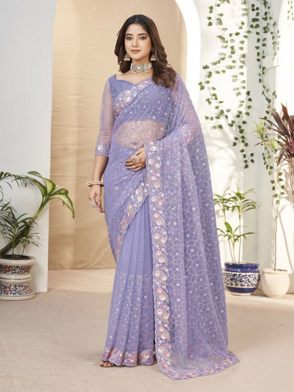 Lavendar Purple Stone Work Enhanced Saree In Soft Net