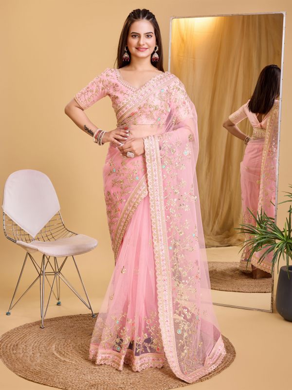 Baby Pink Festive Saree In Zari Work