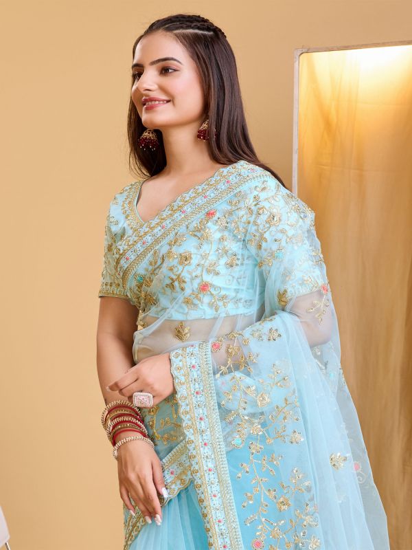 Sky Blue Zari Embellished Saree In Soft Net