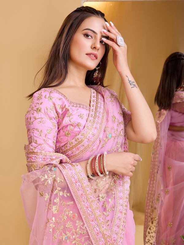 Pink Sequins Embellished Festive Saree In Net